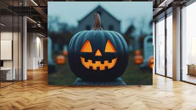 Spooky Black Jack O Lantern on Graveyard with House in Background Wall mural