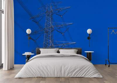 Electrical tower station wiring power with clearly blue sky background, High voltage station post Wall mural