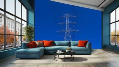 Electrical tower station wiring power with clearly blue sky background, High voltage station post Wall mural