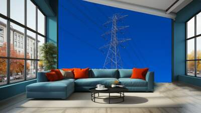 Electrical tower station wiring power with clearly blue sky background, High voltage station post Wall mural