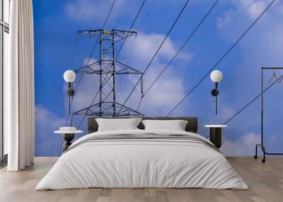 Electrical tower station wiring power with cloudy and blue sky background, High voltage station post Wall mural