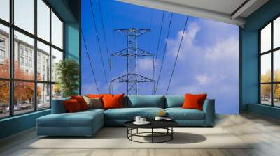 Electrical tower station wiring power with cloudy and blue sky background, High voltage station post Wall mural