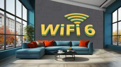 Golden WiFi 6 symbol with green light flashing on abstract background. 3D rendering. Wall mural