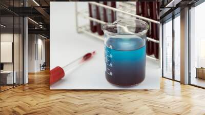 Methylene blue test liquid with blood sample for test, laboratory sample of blood testing for diagnosis virus infection, the pandemic infectious concept Wall mural