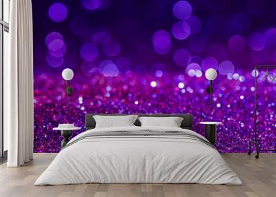 purple Sparkling Lights Festive background with texture. Abstract Christmas twinkled bright bokeh defocused and Falling stars. Winter Card or invitation. Wall mural