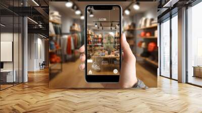 A hand holds a smartphone with an augmented reality (AR) app activated, displaying a virtual overlay of product information and navigation aids in a stylish clothing store Wall mural