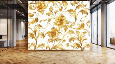 A seamless background featuring ornate gold floral designs on a white backdrop, creating a luxurious and elegant pattern ideal for festive and sophisticated designs Wall mural