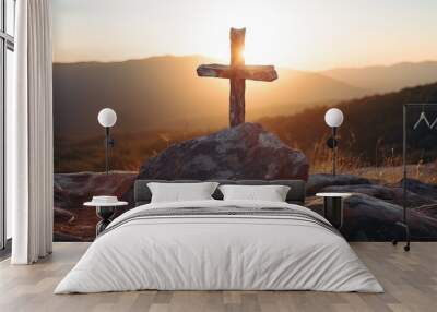 At the break of dawn, a rustic wooden cross stands firm, symbolizing faith, hope, and the spiritual journey, ideal for religious and inspirational themes Wall mural