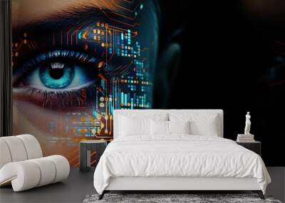 Close up female eyes as a biometrics eye scanning photorealistic futuristic digital cyber technology colourful facial recognition, dark background Wall mural