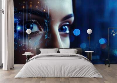 Close up female eyes as a biometrics eye scanning photorealistic futuristic digital cyber technology colourful facial recognition, dark background Wall mural