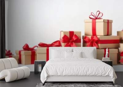 Gift, present and surprise boxes with red ribbons on white background, festive, holiday season concept Wall mural