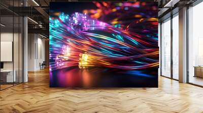 Multicolored electric cables and led, optical fiber background for technology image and new business trends, AI generated Wall mural