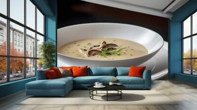 Mushroom cream soup in white plate  on wooden table. AI generated Wall mural