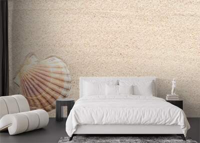 Sea shell on sand background, top view with copy space Wall mural