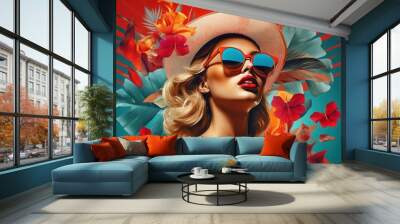 Tropical photo collage, in the style of modernism-inspired portraiture, retro pop art inspirations, luminous palette Wall mural