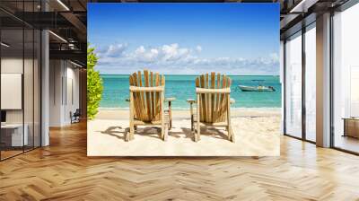 Two beach chairs on tropical shore, horisontal composition Wall mural