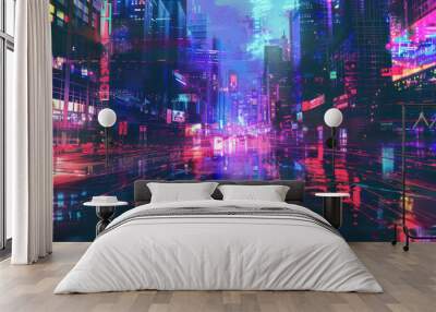 Vibrant cityscape at night with glitch art overlay, emphasizing a neon cyberpunk atmosphere Wall mural