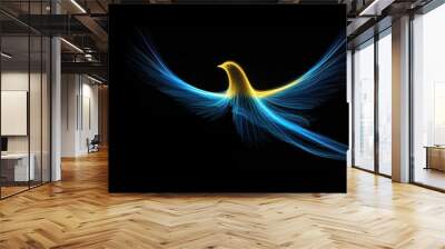 yellow and blue dove in light flight, neon light, as a symbol of Ukraine peace and freedom, on dark background. peace and freedom concept ..... Wall mural