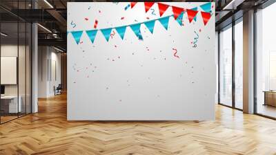 Celebration background with red confetti and blue ribbon Wall mural