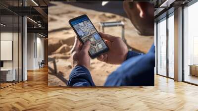 A male worker in blue shirt using smartphone showing a work site map on construction area Wall mural