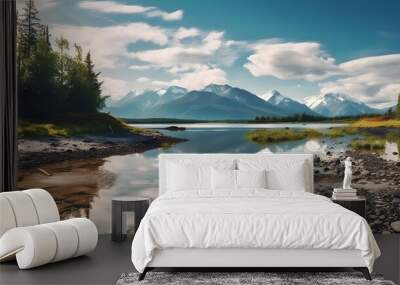 Alaska dreamy vacation with sunny weather in minimalistic landscape, natural landscape over a stream running to river with forest and mountain far away on clear blue sky Wall mural