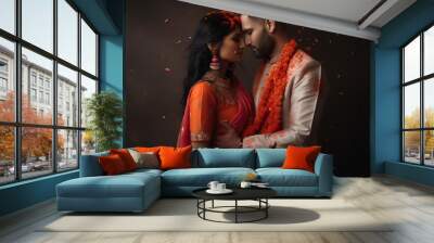 An indian bride and groom embracing in the red fabric wedding costume with red flowers petals falling down, generative ai Wall mural