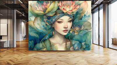 Ancient Elegant Asian Lotus Goddess, woman wearing a headband with water lotus flowers,  girl wearing an asian outfit surrounded by lotus flowers, generative ai Wall mural