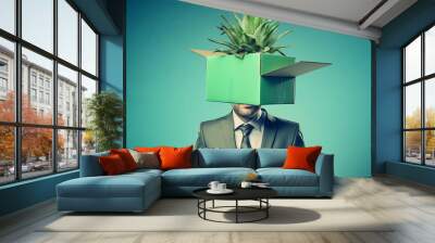 Businessman with box on head with aloe vera plant, Metaphor of diversity of Business economic and nature. Art collage. Wall mural