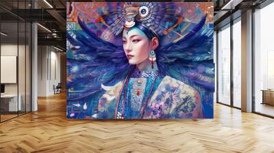 Chinese Opera woman wearing a beautiful silver jeweled imperial Pearls and metals crown and wearing a Kunqu opera costume, generative ai Wall mural