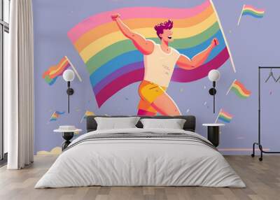 Generative ai illustration vector of LGBTQA+, character illustration, pastel colors, fun and friendly, gay man running with rainbow flag Wall mural