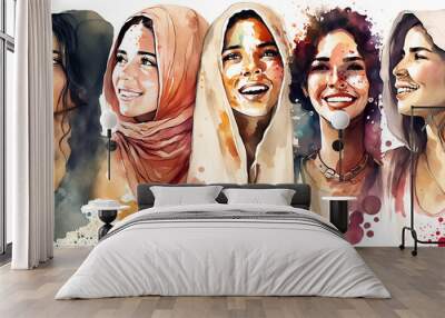 Happy women group for International Women’s day, watercolor of female friend group, watercolor style illustration by Generative Ai Wall mural