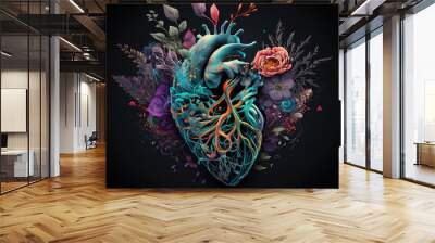 Human heart with flowers, love and emotion concept, good hearted person, help and charity Wall mural