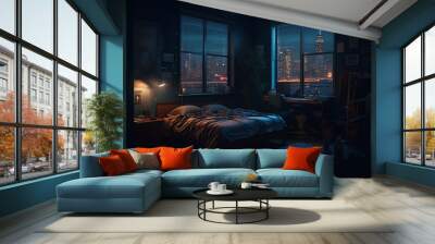 penthouse bedroom at night, dark gloomy with city sky view, A room with a view of the city from the bed, generative ai Wall mural