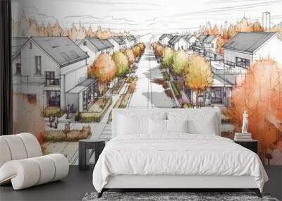 Top view drawing an landscape architecture sketch of a street view with a modern scandinavian layout, scandinavian birch, maple, flowerbeds with wild flowers, generative ai Wall mural