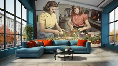 two women are preparing food together in the kitchen in 1950's style, generative ai Wall mural