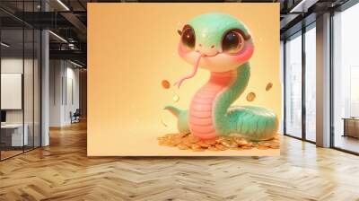 2025 cartoon 3D snake. The snake is sitting on a pile of gold coins Wall mural