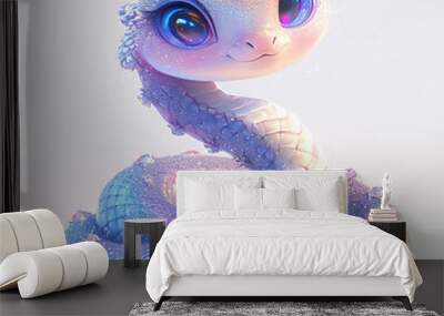 3D cute snake with blue eyes and a pink body. The snake is wearing a crown of crystals 2025 Wall mural