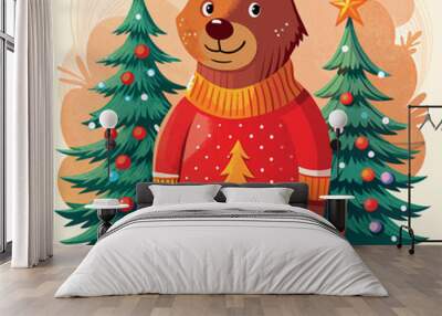 A cartoon bear is wearing a red sweater and standing in front of two Christmas trees. The bear is smiling and he is enjoying the festive season Wall mural