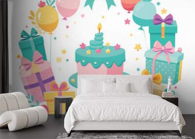 pastel colors frame with free place for text made from lot of birthday little cakes, candles, champagne Wall mural