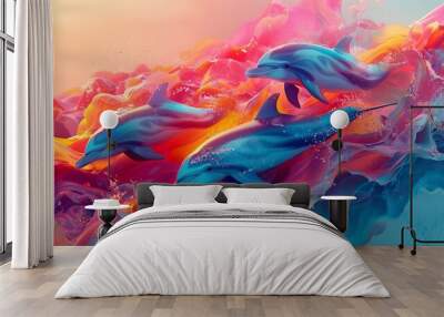 dolphin swimming in the sea, colorful background with painting Wall mural