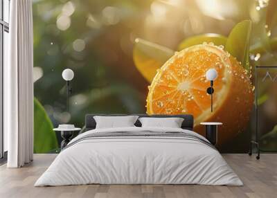 Orange with water drops on nature background Wall mural