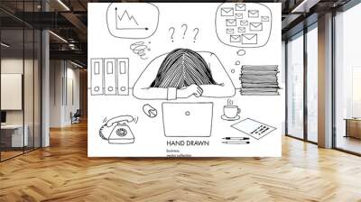 Young businesswoman laid her head down on the table. Telephone rings, a lot of inbox mails, bad schedule, no idea what to do. Hand drawn black and white vector sketch illustration isolated Wall mural