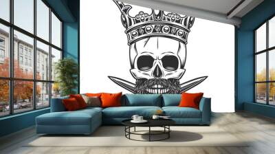 Skull in crown royal king with hipster mustache and beard and crossed knife dagger isolated on white background monochrome illustration Wall mural