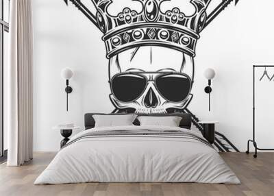 Skull in royal crown with crossesd hunting arrow and sunglasses accessory to protect eyes from bright sun vintage isolated vector illustration Wall mural