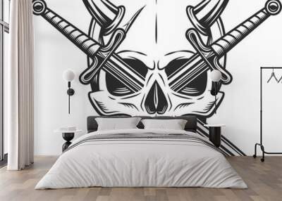 Skull with horns and knight crossed sword in vintage monochrome style illustration Wall mural