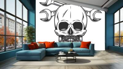 Skull witn mustache and smoking pipe withconstruction plumbing wrench or repair car and truck mechanic service tool crossed spanner vintage illustration Wall mural