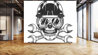 Vintage skull in hard hat and glasses with body shop service car and truck mechanic repair tool crossed wrench or construction for gas and builder plumbing pipe spanner illustration Wall mural