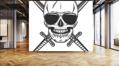 Vintage skull in sunglasses and crossed swords isolated illustration Wall mural