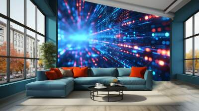 A dynamic visualization of a futuristic matrix, with pixelated data flowing through a vibrant blue spectrum, representing the modern interface of electronic networks and digitalization Wall mural