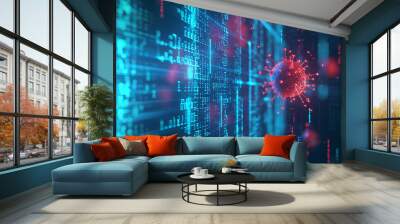 A futuristic cybercrime scene, a holographic display of code in blue and a floating red virus alert, background showing a virtual representation of cyber security measures Created Using Futuris Wall mural